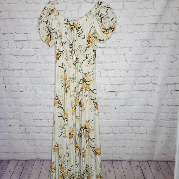 Reformation Pearl Dress Aurora Floral Cream Ivory Orange Gold Puff Sleeve Midi 2 - Picture 6 of 13